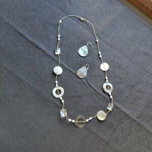 Handmade Necklace and Earrings. Iridescent mother of pearl and glass.